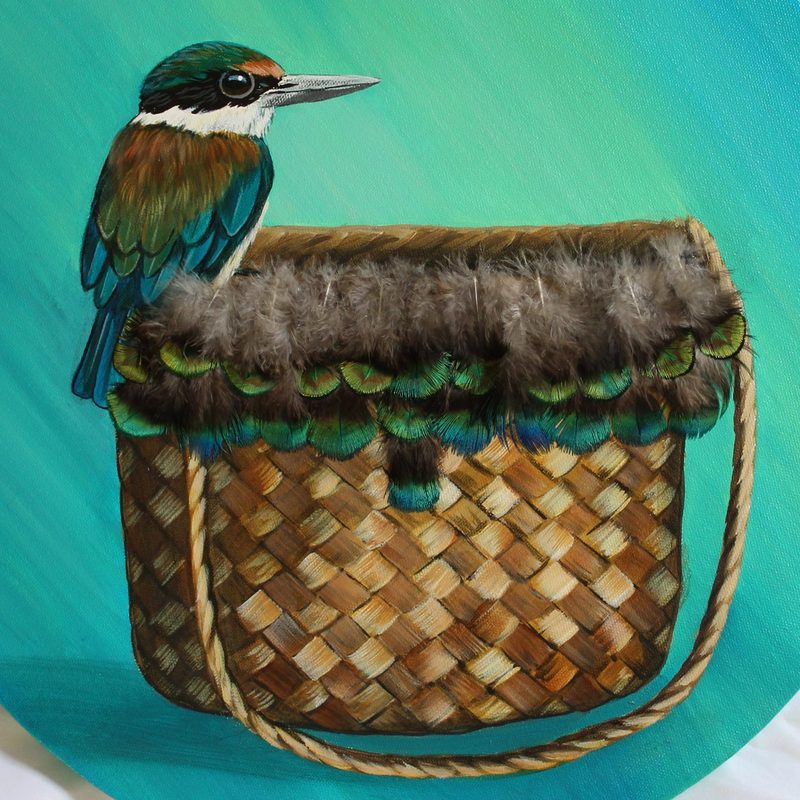 Kōtare on the kete, painting by Diane Gardiner