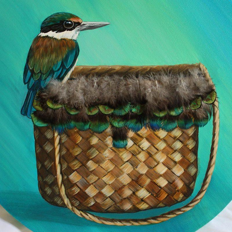 Kōtare on the kete: original painting of a kōtare perched on a feather-trimmed kete, by New Zealand nature artist Diane Gardiner