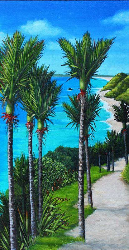 Mangawhai walkway: original painting of a path through nīkau palms above the sea at Mangawhai, by New Zealand nature artist Diane Gardiner