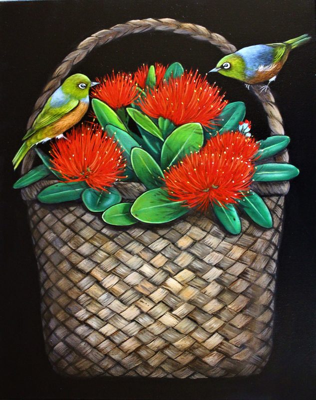 Pōhutukawa kete, painting by Diane Gardiner