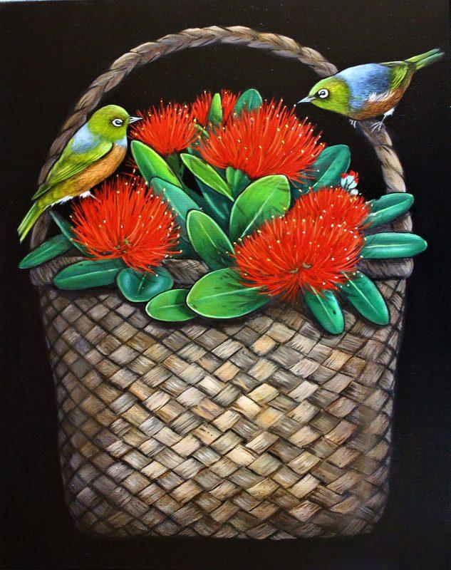 Pōhutukawa kete: original painting of a woven kete filled with red pōhutukawa flowers and two tauhou, by New Zealand nature artist Diane Gardiner