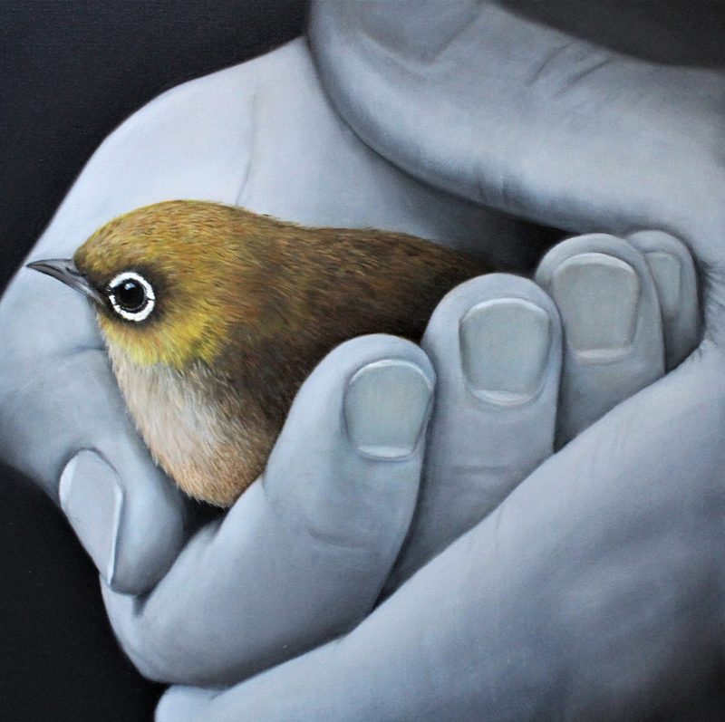 Tauhou in hand, painting by Diane Gardiner