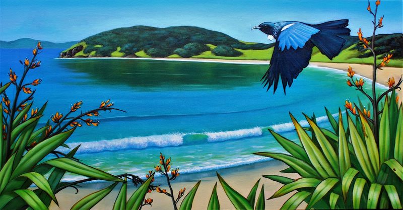 Tūī over the bay, painting by Diane Gardiner