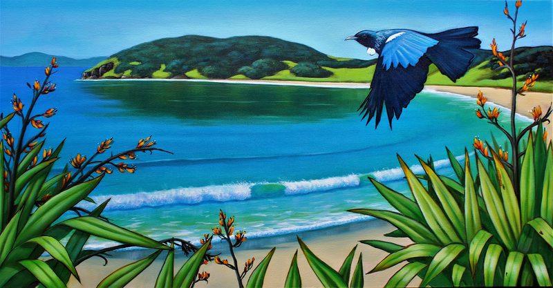 Tūī over the bay: original painting of a tūī flying over a golden bay and flax, by New Zealand nature artist Diane Gardiner