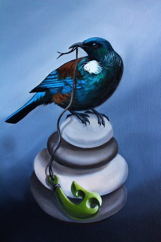 Tūī and pounamu, painting by Diane Gardiner