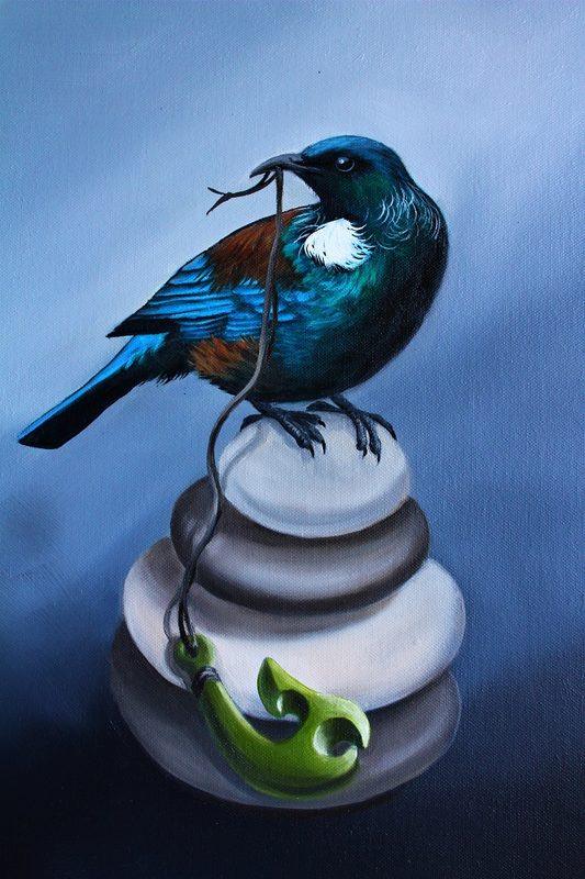 Tūī and pounamu: original painting of a tūī perched on stacked stones with a pounamu hook, by New Zealand nature artist Diane Gardiner